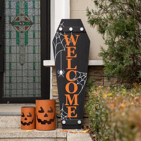 PRICES MAY VARY. 🕸️Upgrade Product Materials & Packaging --- This Welcome Sign is made of the black painted 100% Solid Wood!!!. It is hand-made by skilled craftsman antique vintage finish, lasting for long time and will not crack, decay and warping. Hand-painted and handmade, this vertical wood sign looks perfect propped up next to your door or on your patio or on the wall 🎃Great Size Halloween Decor Board --- 1 Piece Halloween Standing Wooden Signs. Size - 14.5 x 1.25 x 42.00(Length x Width x Fall Porch Boards Signs, Halloween Welcome Board, Welcome Halloween Sign, Halloween Porch Boards, Coffin Welcome Sign, Halloween Boards Signs, Coffin Halloween Decor, Halloween Signs Wooden, Pumpkin Porch Decor