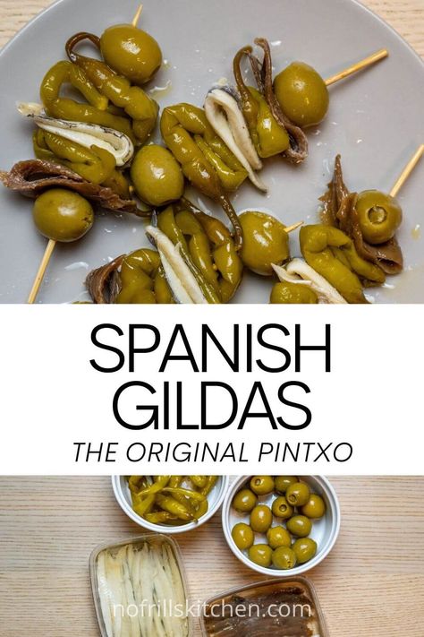 This recipe for Basque-style gildas is easy to execute and makes for the perfect appetiser or aperitivo for any occasion! White Anchovies Tapas, Spanish Starters Appetizers, Anchovies Recipes Appetizers, Tapas Style Food, Anchovy Canape, Fresh Anchovies Recipes, Spanish Tapas Board, Pinxtos Spanish, Anchovy Tapas