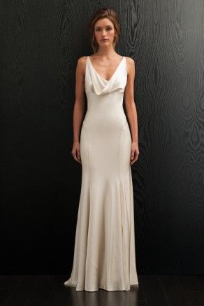 Amanda Wakeley  Spring 2016 Bridal Summer Wedding Dress Simple, Draped Satin Wedding Dress, Plunging Back Dress, Drape Neck Dress, Draped Neckline Dress, Soft Summer Wedding Dress, Plunge Neck Wedding Dress, Simple Vintage Wedding Dress, Elegant Simple Wedding Dress