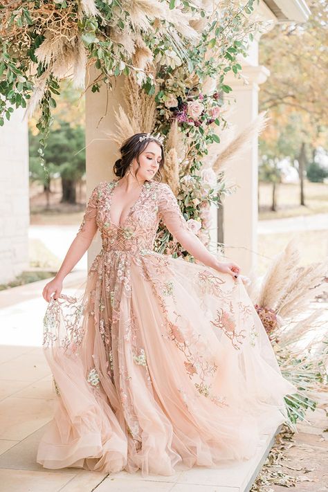 Twirl in this Iridescent Princess Dress for a Lavender and Rose Gold Castle Wedding in Texas Gold Wedding Dress With Sleeves, Rose Gold Wedding Dress, Gold Castle, Wedding Dress With Sleeves, Gold Wedding Dress, Dress With Sleeves, Castle Wedding, Rose Gold Wedding, A Rose