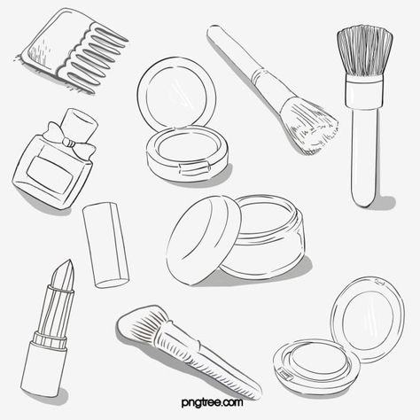 Cosmetics Art Drawing, Makeup Doodles Art, Makeup Line Art, Makeup Brush Drawing, Makeup Products Drawing, Cosmetic Drawing, Cushion Drawing, Make Up Drawing, Lipstick Sketch