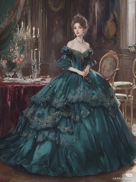 1800 Royal Dress, Princess Aesthetic Medieval, Old Princess Dresses Ball Gowns, Victorian Dress Green, Royal Ball Gowns Queens, Victorian Dress Painting, Elegant Victorian Dresses, Fantasy Dresses Aesthetic, Victorian Era Dresses Aesthetic