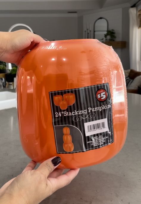 Painted Stacked Pumpkins On Wood, Five Below Stackable Pumpkins, Paint Dollar Tree Pumpkins, Dollar Store Stacking Pumpkins, Dollar Tree Stacked Pumpkin Crafts, Stacked Plastic Pumpkins Diy, Stacking Pumpkins Porch, Painted Stacked Pumpkins, Dollar Tree Stackable Pumpkin Ideas