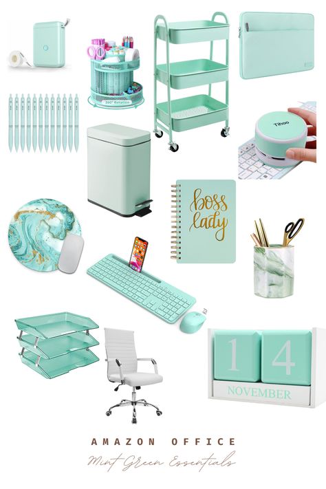 Teal And Gray Office Decor Ideas, Tiffany Blue Office Decor Work Spaces, Green Office Desk Decor, Teal Blue Office Ideas, Office Decor Turquoise, Mint Green Salon Decor, Mint Home Office, Pink And Teal Office Ideas, Mint Office Decor