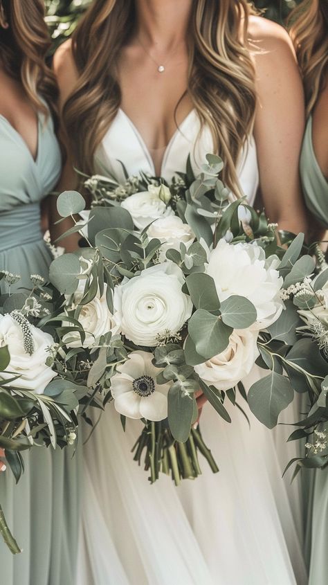 Wedding Florals Sage Green, Green Colors For Wedding, Forest Wedding Sage Green, Bridesmaid Dresses In Sage Green, Wedding Sage Green Decor, Sage Eucalyptus Wedding, Green Asthetics Wedding, Green Bouquets Wedding, Sage Green Bouquet Wedding Ideas