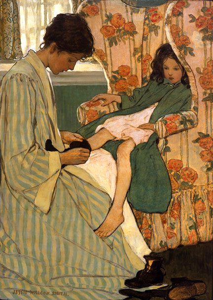 This illustration by the American artist Jessie Willcox Smith is called A Mother's Days which I thought was pretty appropriate considering it's Mother's Day today! Jessie Willcox Smith's illustrations are in the classic Arts and Crafts/ Art Nouveau style which... Jessie Willcox Smith, Carl Larsson, Art Et Illustration, Childrens Illustrations, Children's Book Illustration, A Chair, Mother And Child, Vintage Illustration, A Child