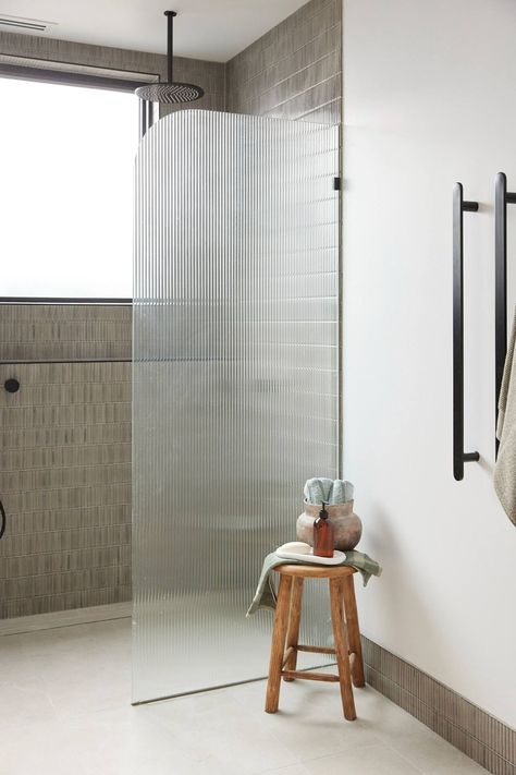 the block 2023 master ensuite kristy and brett glass shower screen Glass Block In Bathroom, Ribbed Shower Screen, Fluted Glass Shower Door, Hidden Shower Walk In, Shower Glass Ideas, Reeded Glass Bathroom, Shower Screen Ideas, Shower Screens Ideas, Fluted Glass Bathroom