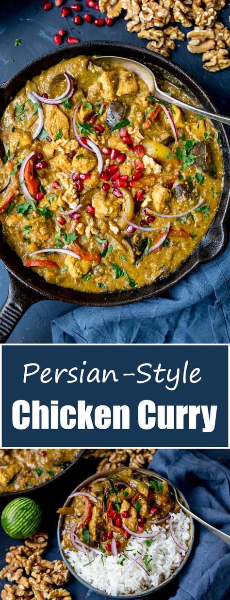 Persian Style Chicken Curry With Walnuts and Pomegranate - my take on Fesenjan stew - with added veggies! Gluten Free too! Persian Cuisine, Iranian Food, Curry Dishes, Persian Food, Persian Style, Idee Pasto Sano, Chicken Curry, Middle Eastern Recipes, Cast Iron Skillet