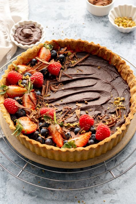 Pistachio Frangipane Tart with Chocolate Ganache - Fresh Food Bliss Chocolate Frangipane Tart, Chocolate Frangipane, Pistachio Frangipane, Baking Weights, Frangipane Tart, Pastry Shells, Tart Shells, Cream Liqueur, Pastry Flour