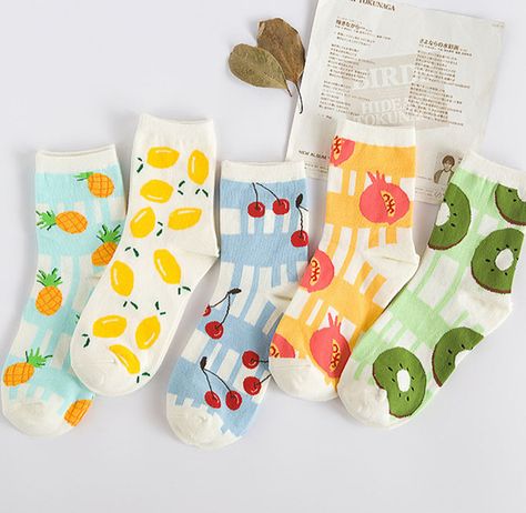 image Fruit Socks, Pineapple Socks, Korean Cartoon, Socks Packaging, Fishnet Socks, Korean Socks, Lace Diy, Diy Socks, Socks Cute