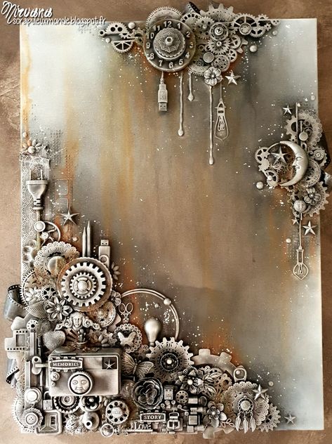 Altered Canvas Mixed Media, Junk Art Ideas Recycling, 3d Canvas Art Diy, Grimoire Book Cover, Canvas 3d Art, 3d Art Ideas, Altered Art Canvas, Steampunk Diy Crafts, Steampunk Mixed Media Art