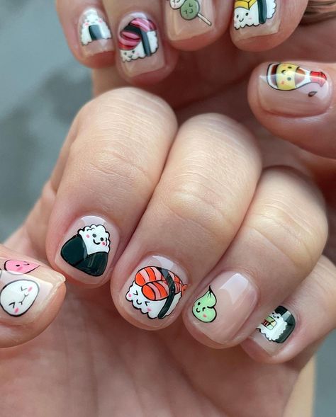 Nails | Nails designs | Nails Ideas | Nails art designs | Nails photography Sushi Nail Designs, Food Nails Art, Japan Nails Design Tokyo, Japan Inspired Nails, Manga Nails, Dessert Nails, Sushi Halloween, Dainty Nails, Japan Nails