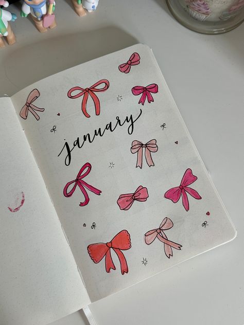 Planner Drawings Ideas, Bujo Notes Page, Cute Journal First Page, January Journal Spread, Bujo Monthly Cover January, Cute Planner Pages, Bujo Aesthetic Minimalist, Reading Journal January Spread, January Aesthetic Bullet Journal