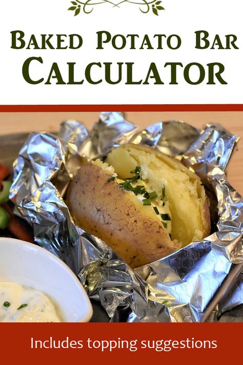 If you’re thinking of having a baked potato bar for a birthday, graduation, church event, or fundraiser and need to know how much to buy and prepare, you’ll can get an estimate of what you’ll need using this calculator. After you enter the number of guests you’ll be serving, the result will provide a breakdown of common purchased ingredients which you can use as a checklist to prepare for your event. Graduation Potato Bar, Potato Bar Ideas Wedding, Marching Band Meals, Baked Potatoes For A Large Crowd, Potato Bar Wedding, Fundraising Food Ideas, Baked Potato Bar Ideas Wedding, Baked Potato Fundraiser, Chili For Potato Bar