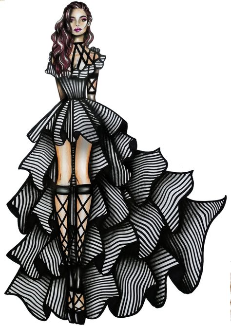 Striped dress fashion illustration by @ursulaillustration Stripes Dress Illustration, Rythm Design Pattern Dress Drawing, Fashion Illustration Sketches Dresses Outfit, Illustration Dress Design, Fashion Drawing Dresses Sketches, Dress Illustration Fashion, Fashion Design Sketches Dresses, Sketches Of Dresses, Dress Illustration Design