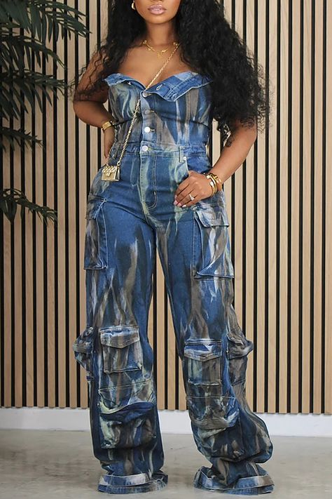 Xpluswear Plus Festival Outfit, Blue Birthday Outfit Black Women, Demin Jumpsuits For Women Outfit, Denim Outfits Black Women, Concert Outfit Summer Plus Size, Jean Jumpsuit Outfit Black Women, Blue Outfits Black Women, Birthday Outfits Black Women Summer, Houston Fits