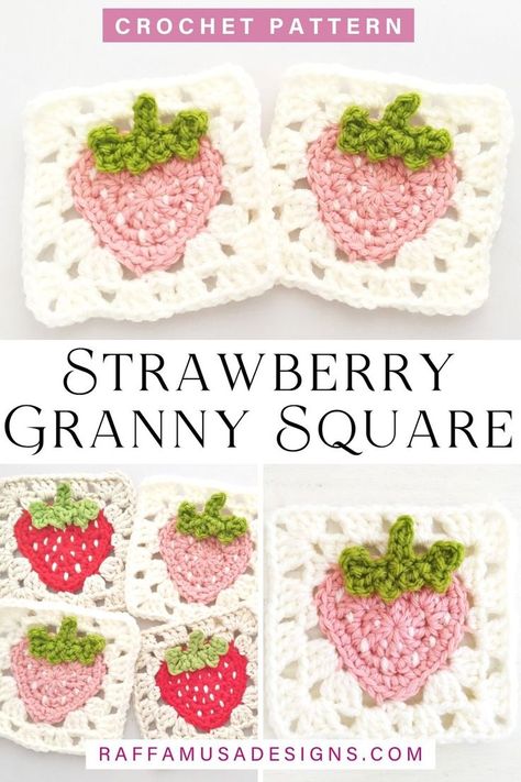 a collage of photos showing several strawberry granny squares crocheted in different acrylic and cotton yarns Granny Square Haken, Granny Square Crochet Patterns Free, Crochet Mignon, Confection Au Crochet, Crochet Strawberry, Crochet Design Pattern, Beginner Crochet Projects, Crochet Simple, Haken Baby