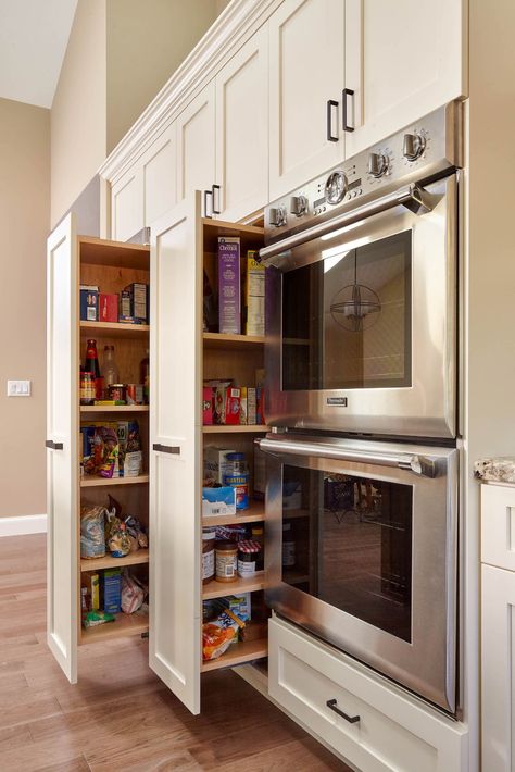 Wall Ovens, Transitional Kitchen Ideas, Pull Out Pantry, Kitchen Storage Ideas, Kitchen Redesign, Kitchen Organization Pantry, Kitchen Pulls, Kitchen Pantry Design, Tiny House Floor Plans