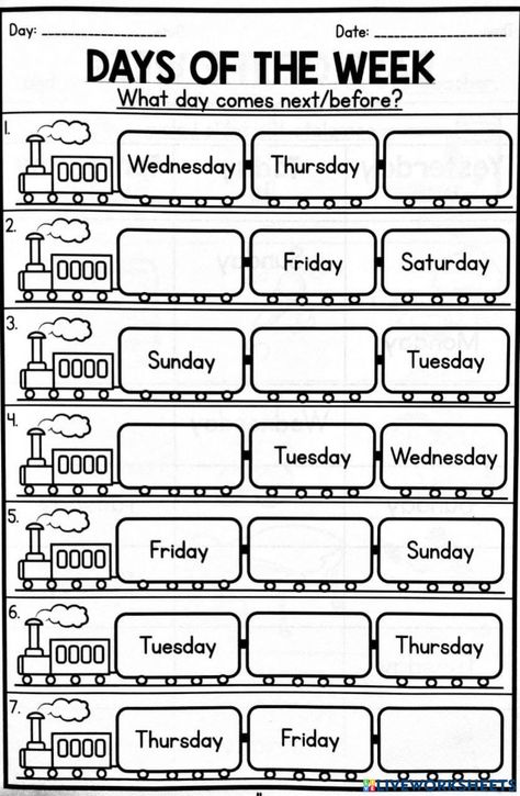 Days of the week interactive activity for Year 2. You can do the exercises online or download the worksheet as pdf. Days Weeks Months Years Worksheet, Worksheet For Days Of The Week, Kindergarten Worksheets Days Of The Week, Exercise Days Of The Week, Days Of The Week Worksheets For Kids, Days Of The Week Learning, Days Of The Week Exercises English, Activity Sheets For Grade 2 English, Days Pf The Week Worksheets