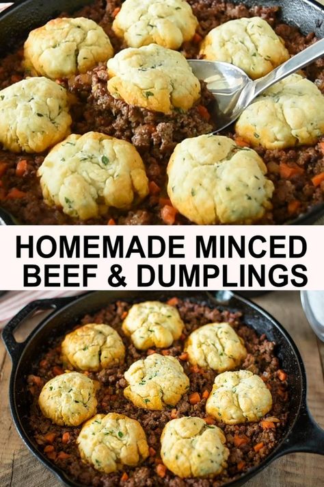 Beef And Dumplings, Minced Beef Recipes Easy, Fluffy Dumplings, Minced Beef Recipes, British Cooking, Minced Beef, Mince Recipes, Hearty Meal, Beef Stock