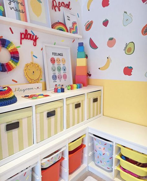 Our fresh fruit decals feeling at home in Nicole’s cosy playroom. Love how all the colours work beautifully together 🍒🍌🍎 Enjoy 10%off when you purchase a fruit decal with code PERSIMMON10. 📸 @my_persimmon_home Fun Playroom Paint Colors, Cosy Playroom, Playroom Paint Colors, Playroom Paint, Fun Playroom, Persimmon Homes, Feeling At Home, A Fruit, Persimmon