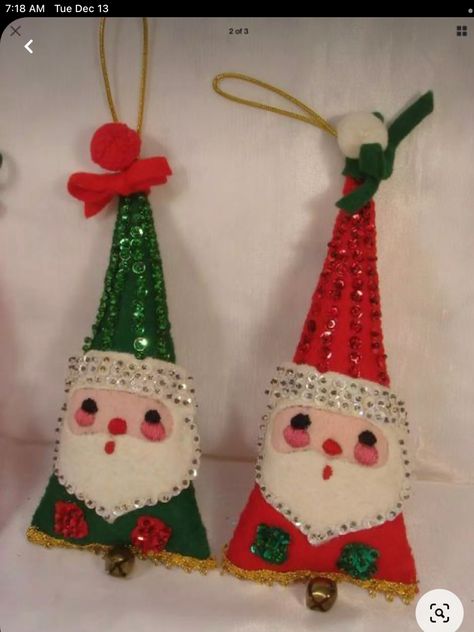 Vintage Felt Christmas Ornaments, Santa Christmas Ornaments, Felt Ornaments Patterns, Vintage Christmas Crafts, Sequin Crafts, Felt Crafts Christmas, Retro Ornaments, Vintage Xmas, Christmas Felt