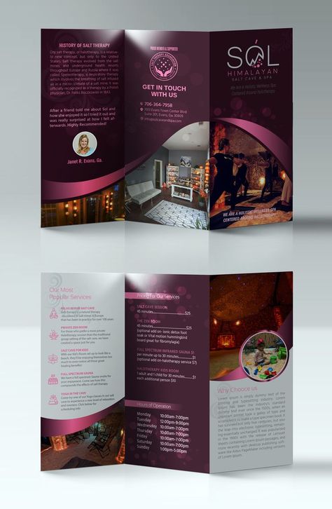 Spa Trifold Brochure, 3 Fold Brochure Design Creative, Spa Brochure Design Inspiration, Trifold Brochure Design Layout Creative, Broucher Ideas Design, Trifold Flyer Design, Standee Design Creative, 3 Fold Brochure Design, Indesign Work