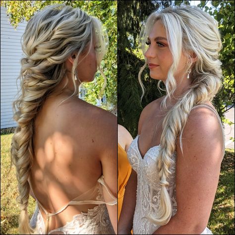 Long braid Formal Fishtail Braid Prom, Side Boho Braid Wedding Hairstyles, Wedding Hairstyle Long Thick Hair, Big Braid Bridesmaid Hair, Wedding Hairstyles For Long Hair Side Braid, Boho Wedding Bride Hairstyle, Bride Hair Side Braid, Grad Braid Hairstyles, Long Braid Updo Wedding