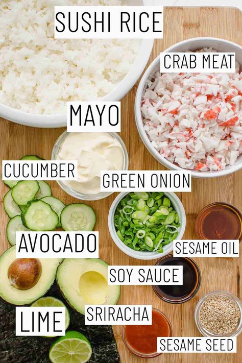 Easy Healthy Sushi Recipes, Easy Sushi Bowls At Home, Homemade Sushi Bowl Recipes, Things To Make With Sushi Rice, Sushi Bake Without Cream Cheese, No Bake Sushi Casserole, California Roll Bowl Recipe, California Roll Bowl Easy, Healthy Sushi Bake Recipe