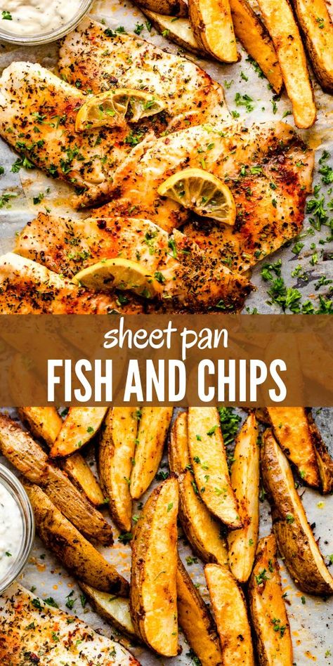 Sheet Pan Fish, Baked Fish And Chips, Easy Baked Fish Recipes, Baked Potato Wedges, Oven Baked Fish, Fish N Chips Recipe, Fish Fillet Recipe, Baked Fish Fillet, Fish Dinner Recipes