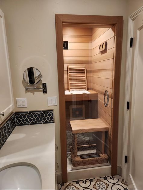 Bathroom With Sauna Layout, Sauna Bathroom Ideas, Cheap Kitchen Updates, Sauna Bathroom Design, Gym Sauna, Bathroom 2024, Sauna Diy, Indoor Sauna, Spa Bathroom