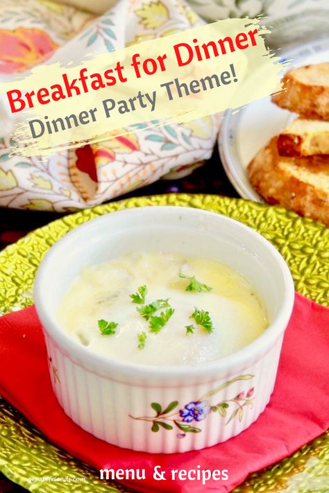 A ramekin with a baked egg in it, parsley sprinkled on top and toast in the background. Breakfast For Dinner Party Theme, Pajama Dinner Party, Prom Breakfast, Breakfast For Dinner Party, Supper Club Theme, Adult Pajamas Party, Themed Dinner Party, Dinner Party Ideas, Pajamas Party