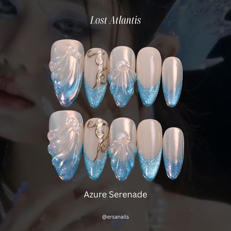 MEET US UNDER THE SEA ˖°𓇼🌊⋆🐚🫧 Introducing our Lost Atlantis collection, featuring 23 of our signature mermaid nail designs. 🧜🏼‍♀️ We’ve been planning this collection since the day we were founded, as mermaid-fairy core has always been the base of our brand and aesthetic. We’re so excited to release the Lost Atlantis collection that ties together our designs.🧚🏼‍♀️ If you’ve been following along our journey, you’ll discover some familiar designs that have been with us since day one of Ersa a... Under The Sea Nail Designs, Mermaid Nails Design Glitter, Mermaid Nails Aesthetic, Atlantis Nails, Under The Sea Nail Art, Mermaid Core Nails, Mermaid Nails Design, Mermaid Nail Designs, Mermaid Inspired Nails