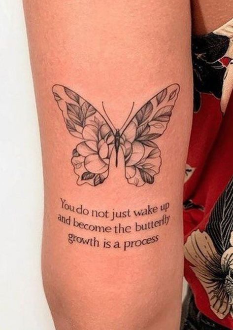 Tattoo Ideas Female Meaningful Butterfly, First Tattoo Ideas Butterfly, Butterfly Word Tattoo, The Butterfly Effect Tattoo, Butterfly Tattoo Quotes, Butterfly And Words Tattoo, Timeless Tattoo Ideas, Different Butterfly Tattoo Designs, Monarch Butterfly Flower Tattoo