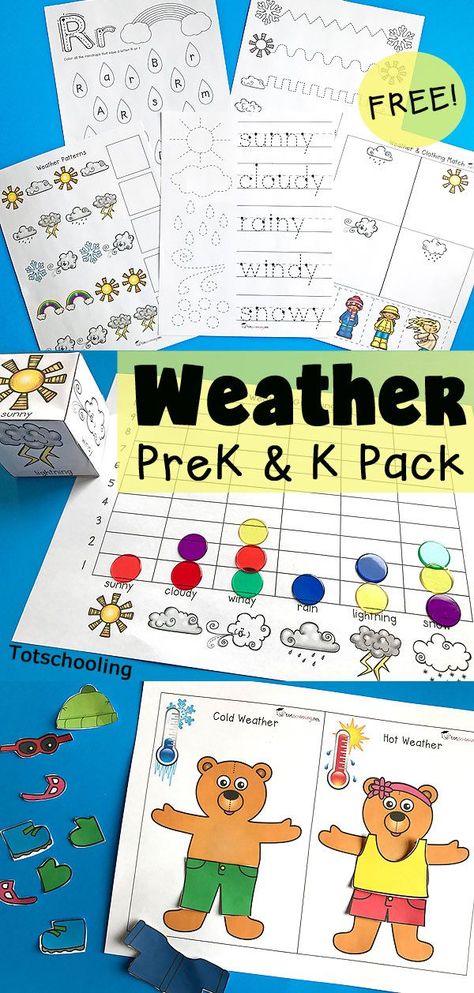 FREE Weather printable pack for preschool and kindergarten, perfect for a Spring weather unit. Learn about weather types, words, and clothing while practicing fine motor skills, graphing, patterns, and more. Also includes dress-up bears for hot and cold weather. Weather Prek, Kindergarten Weather, Weather Lesson Plans, Weather Kindergarten, Weather Activities Preschool, Weather Activities For Kids, Mighty Mike, Weather Lessons, Free Educational Printables