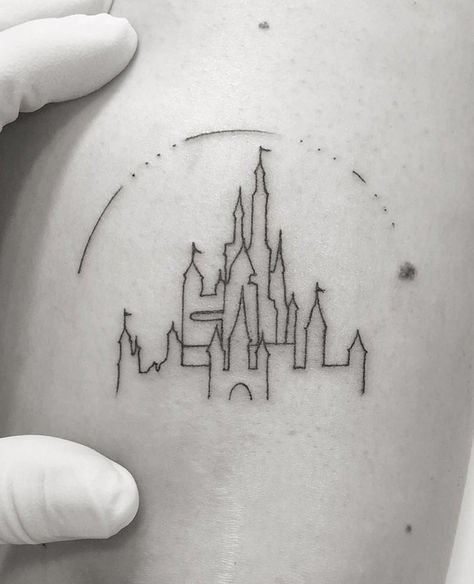 Disney Castle Tattoo, Disney Inspired Tattoos, Castle Tattoo, Muster Tattoos, Inspiration Tattoos, Disney Tattoo, Disney Tattoos, Fine Line Tattoos, Minimal Tattoo