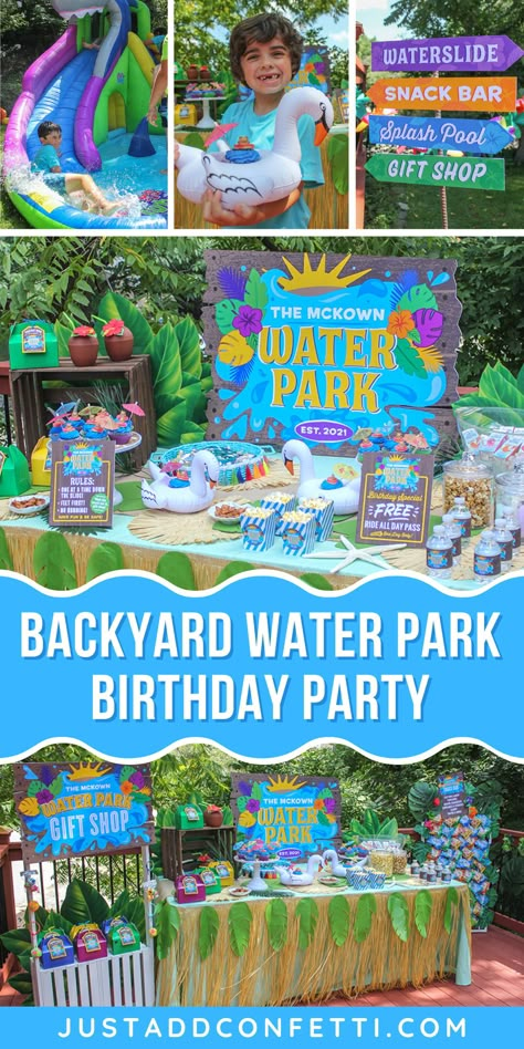 Welcome to the Water Park! You can't go to the water park without stopping at the snack bar for a treat and snagging a souvenir at the gift shop! This was such a fun birthday party! The kids loved picking their own snacks at the snack bar and everyone went home with party favor gifts from the gift shop. The inflatable shark waterslide was a huge hit too! All of the water park party printables are available in my Just Add Confetti Etsy shop. Head to justaddconfetti.com for more party ideas! Waterpark Party Favors, Backyard Slip And Slide Party, River Float Birthday Party, Waterslide Themed Birthday Party, Backyard Water Birthday Party For Kids, Water Splash Birthday Party, Pool Party Treat Table, Waterpark Party Ideas, Backyard Splash Party Ideas