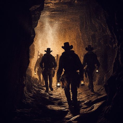 Group of cowboys walking down a low lit Mineshaft Old Western Cowboy Aesthetic, Wild West Outlaw Aesthetic, Western Vampire, Gothic Western Aesthetic, Dark Western Aesthetic, Western Horror, Dark Cowboy, Wild West Aesthetic, Western Esotericism