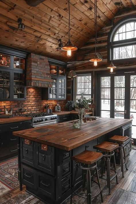 Cabin Update, Log Cabin Kitchen, Log Home Kitchens, Log Cabin Interior, Dream Cabin, Cabin Kitchen, Kitchen Ideas Dark, Modern Rustic Homes, Rustic Kitchen Design