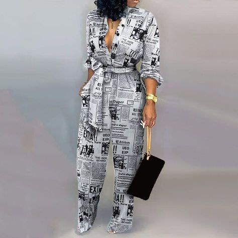 Women Long Sleeve Jumpsuit, Loose Romper, Womens Jumpsuits Casual, Black And White Romper, Tie Waist Jumpsuit, Rompers Womens Jumpsuit, Afrikaanse Mode, Jumpsuit Casual, Newspaper Print