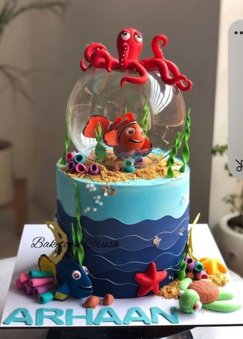 Easy Fun Cake Ideas, Thematic Cake Ideas, Kue Fondant, Finding Nemo Cake, Nemo Cake, Shark Birthday Cakes, Unknown Person, Nemo Birthday, Thematic Cake