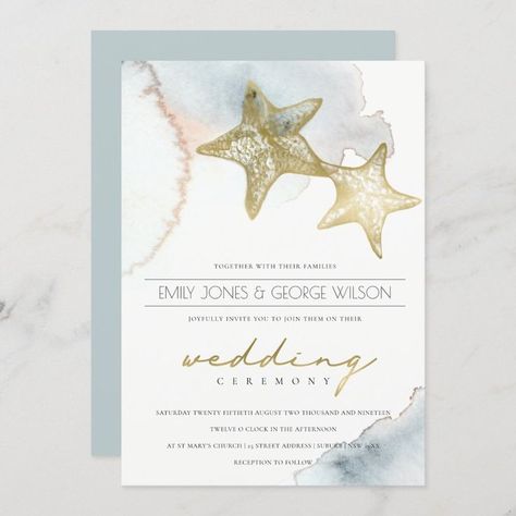 GOLD DUSKY BLUE BEACHY STARFISH WEDDING INVITE Starfish Wedding Invitations, Engagement Invite, Beach Party Invitations, Starfish Wedding, Addressing Wedding Invitations, Beachy Wedding, Wedding Invitation Size, Traditional Wedding Invitations, Dusky Blue