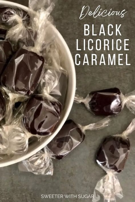 Black Licorice Caramel is a Halloween favorite-it is soft, chewy and tastes like black licorice! If you love black licorice, you will love this caramel. #Caramel #Licorice #BlackLicorice #HomemadeCaramel #HomemadeCandy Black Licorice Candy, Liquorice Recipes, Home Made Candy, Licorice Candy, Holiday Snacks, Black Licorice, Candied Nuts, Sugar Crystals, Halloween Treat Bags