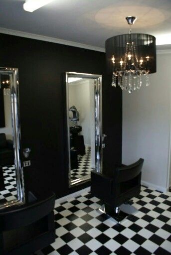 Small hair salon from home. Love black and white All Black Salon Decor, Goth Hair Salon, Gothic Hair Salon, Black And White Nail Salon, Black And White Barbershop, Black And White Salon Decor, Black And White Hair Salon, Black Barbershop, White Hair Salon