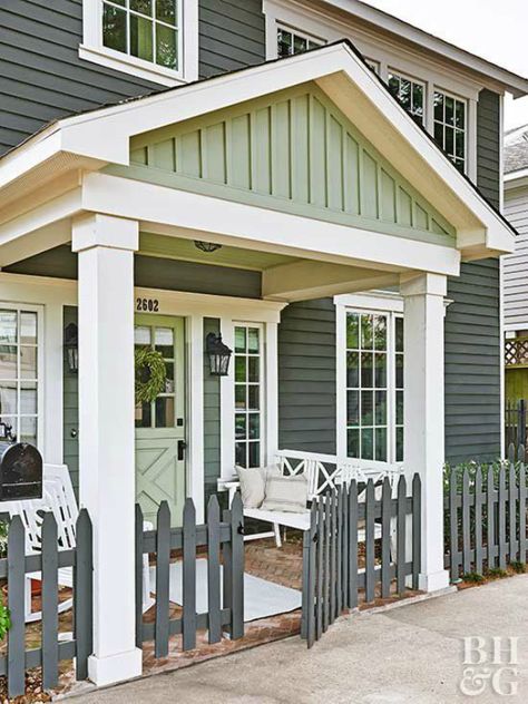 Trending: Dark Exterior Paint Colors - Lolly Jane Green Blue Exterior Paint, Light Green Cottage Exterior, Blue Green House Paint Exterior, Exterior House Colors Blue Green, Soft Green Exterior House Colors, Blue Green House Exterior, Green House With White Trim, Blue Green Exterior House Colors, Exterior Cottage Paint Colors