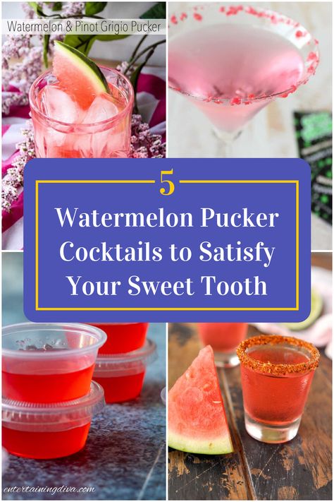 Collage of 4 watermelon pucker cocktails. Strawberry Pucker Drinks, Watermelon Pucker Shots, Watermelon Schnapps Recipes, Watermelon Schnapps Drinks, Drinks With Watermelon Pucker, Watermelon Pucker Drinks Recipes, Watermelon Pucker Drinks, Sour Mixed Drinks, Watermelon Mixed Drinks