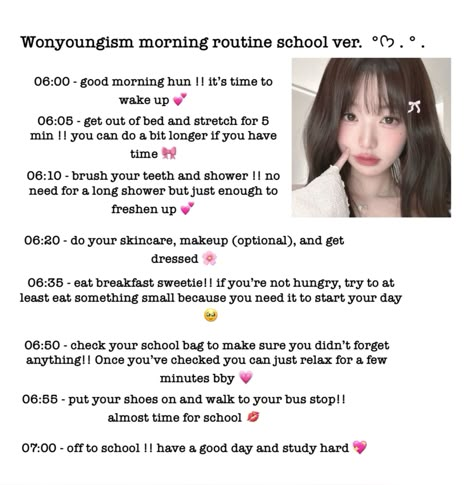 special req by @stml4lyfe 🫶  #wonyoungism #routine #morningroutine #pink #love #happiness #school Wonyoungism Daily Routine, School Morning Routine 4 Am, Wonyoungism Morning Routine School, Wonyoungism Routine List, Wonyoungism School Routine, Wonyoungism Night Routine, Wonyoung Morning Routine, Wonyoungism Morning Routine, Wonyoungism School