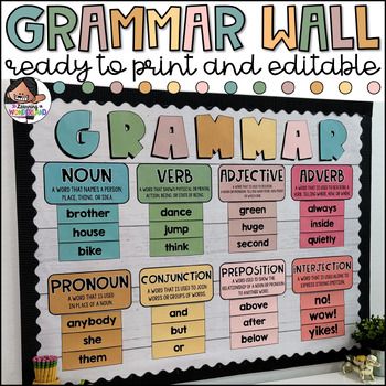 Use this kit to create a beautiful and engaging parts of speech bulletin board! This resource will make it easy to review important grammar skills throughout the entire year! Assembling is super easy! Use the ready to print posters and word cards and you're set! You can also use the editable components included to create your own definitions and word cards.Please note that this resource was originally created with clip art. I have received requests over the years to offer it without clip art for teachers to use in upper elementary classrooms.This resource includes:Ready to print headers and word cards.An editable copy of all the headers and cards that you can customize.Large bulletin board letters that spell out "Grammar Wall"Important:This file is editable using PowerPoint. I used paid fo Grammar Classroom Decor, Upper Elementary Word Wall, Bulletin Board For Reading, English Language Arts Bulletin Boards, Classroom Gratitude Wall, Bulletin Board Ideas For English, Grammar Posters Elementary, 3rd Grade Word Wall, Spelling Bulletin Board Ideas