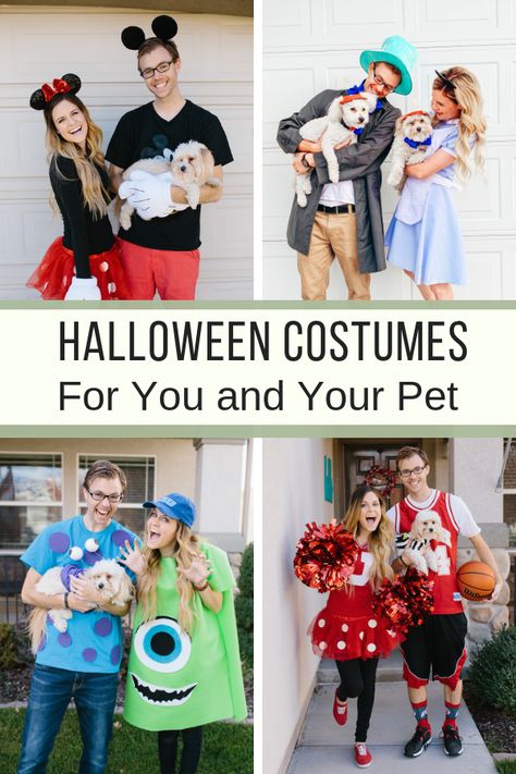 Up Halloween Costume With Dog, Matching Cat Costumes, Couple Costume And Dog, Dog Parent Halloween Costume, Cute Dog Halloween Costumes With Owner, Halloween Costumes With Cat And Owner, Couple Halloween Costumes With Pet, Cute Couple Halloween Costumes With Dog, Dog And Human Halloween Costumes Diy