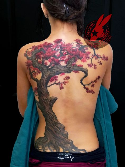 Cherry Tree Tattoos, Tatuaje Trash Polka, Beautiful Back Tattoos, Cherry Blossom Tree Tattoo, Tree Tattoo Back, Blossom Tree Tattoo, Back Piece Tattoo, Rabbit Tattoos, Tree Tattoo Designs